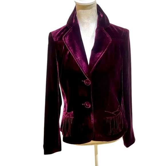 Nine West burgundy velvet silk blend  lined blazer jacket pleated hand pockets 6 - Picture 1 of 11